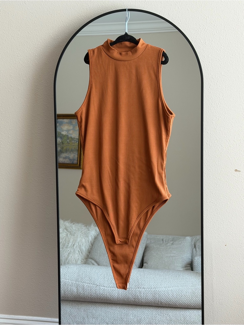 SHEIN Rust Orange Ribbed Mock Neck Sleeveless Bodysuit